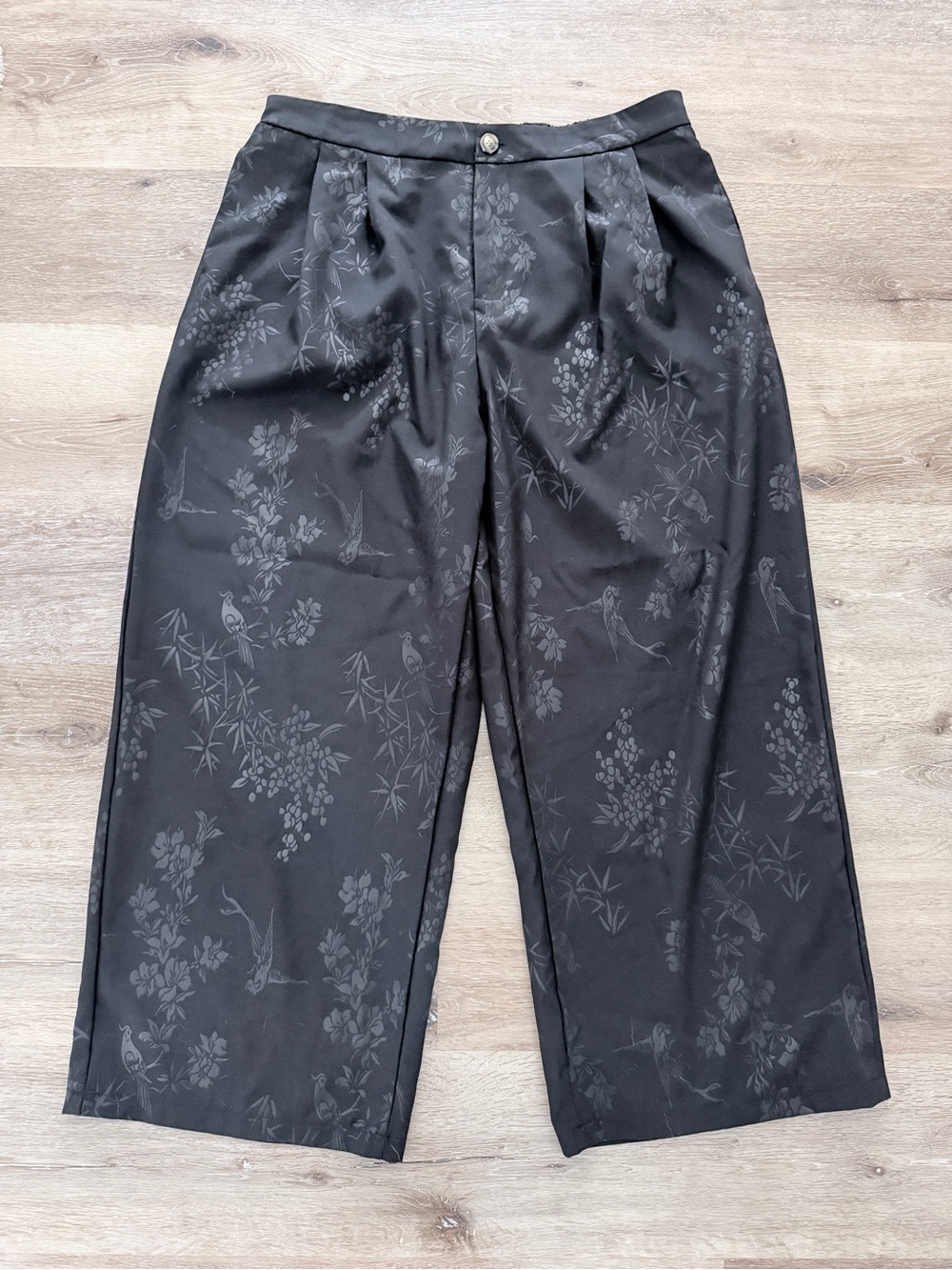 NWOT Black Wide-Leg Satin Floral Jacquard Pants